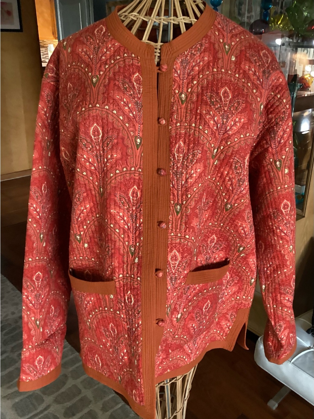 Vintage 90’s Orvis Rust-Red Paisley Quilted Button Cardigan Jacket
